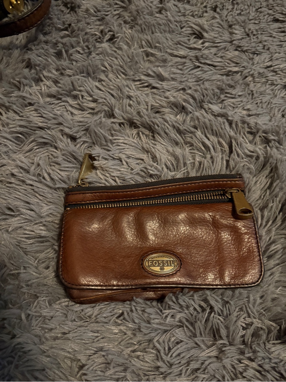 Fossil Brown Leather Zip Coin Wallet with Brass Accent